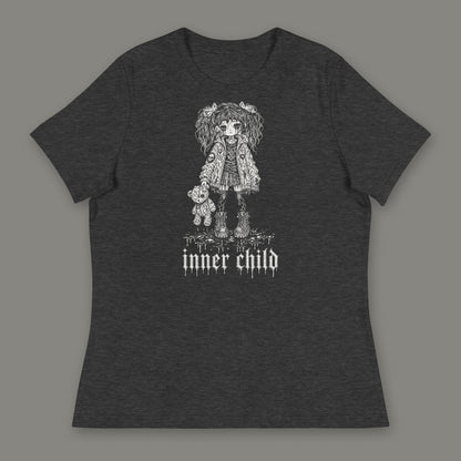 Inner Child Women's Relaxed Tee in dark grey heather by Trauma Dump, little girl with teddy bear tattoo-style gothic graphic in white ink (Dark Grey Heather, white ink)