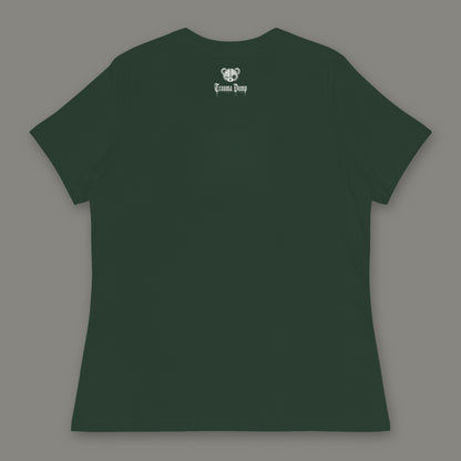 Inner Child Women's Relaxed Tee back, Trauma Dump bear-head logo under the collar (Forest Green, white ink)