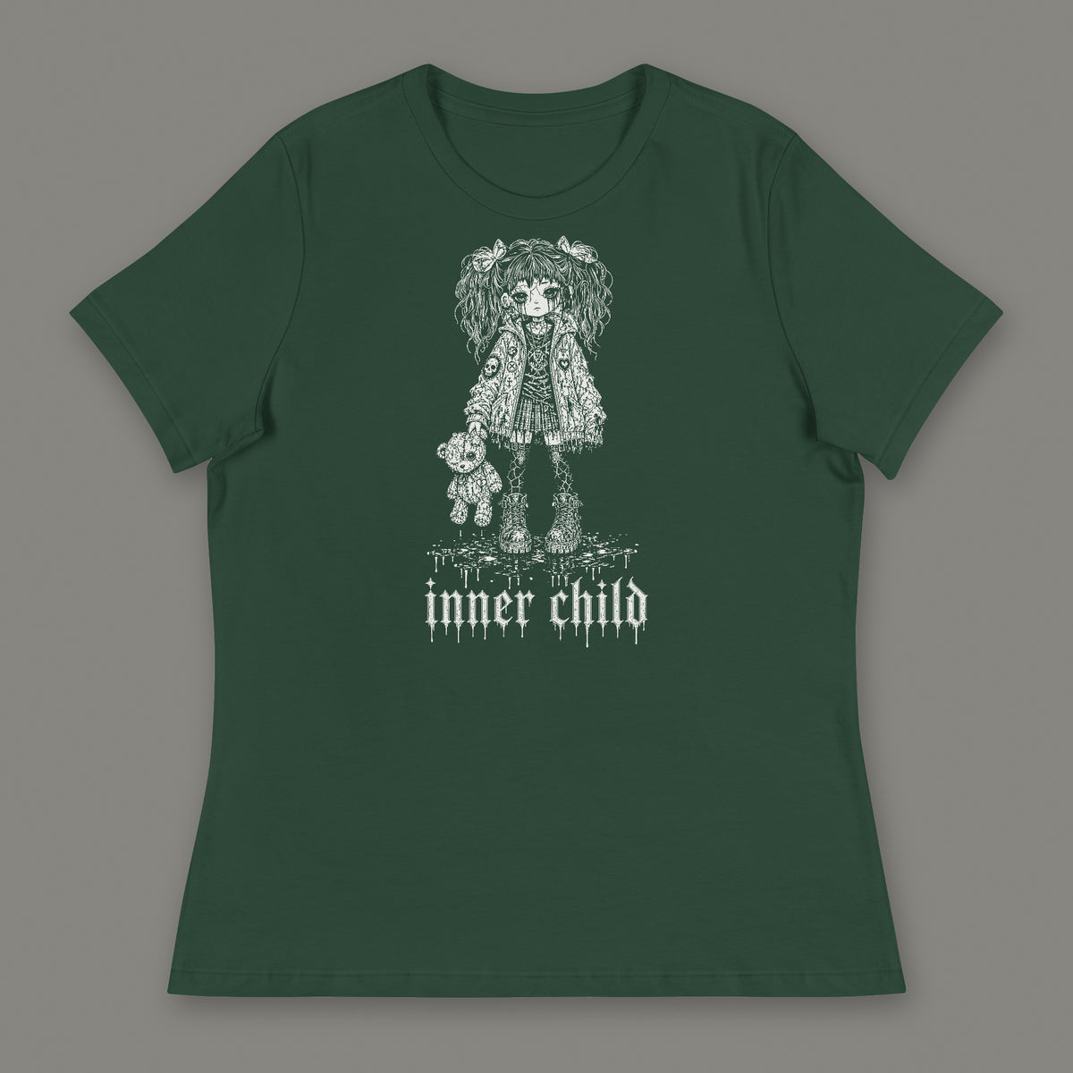 Inner Child Women's Relaxed Tee in forest green by Trauma Dump, little girl with teddy bear tattoo-style gothic graphic in white ink (Forest Green, white ink)
