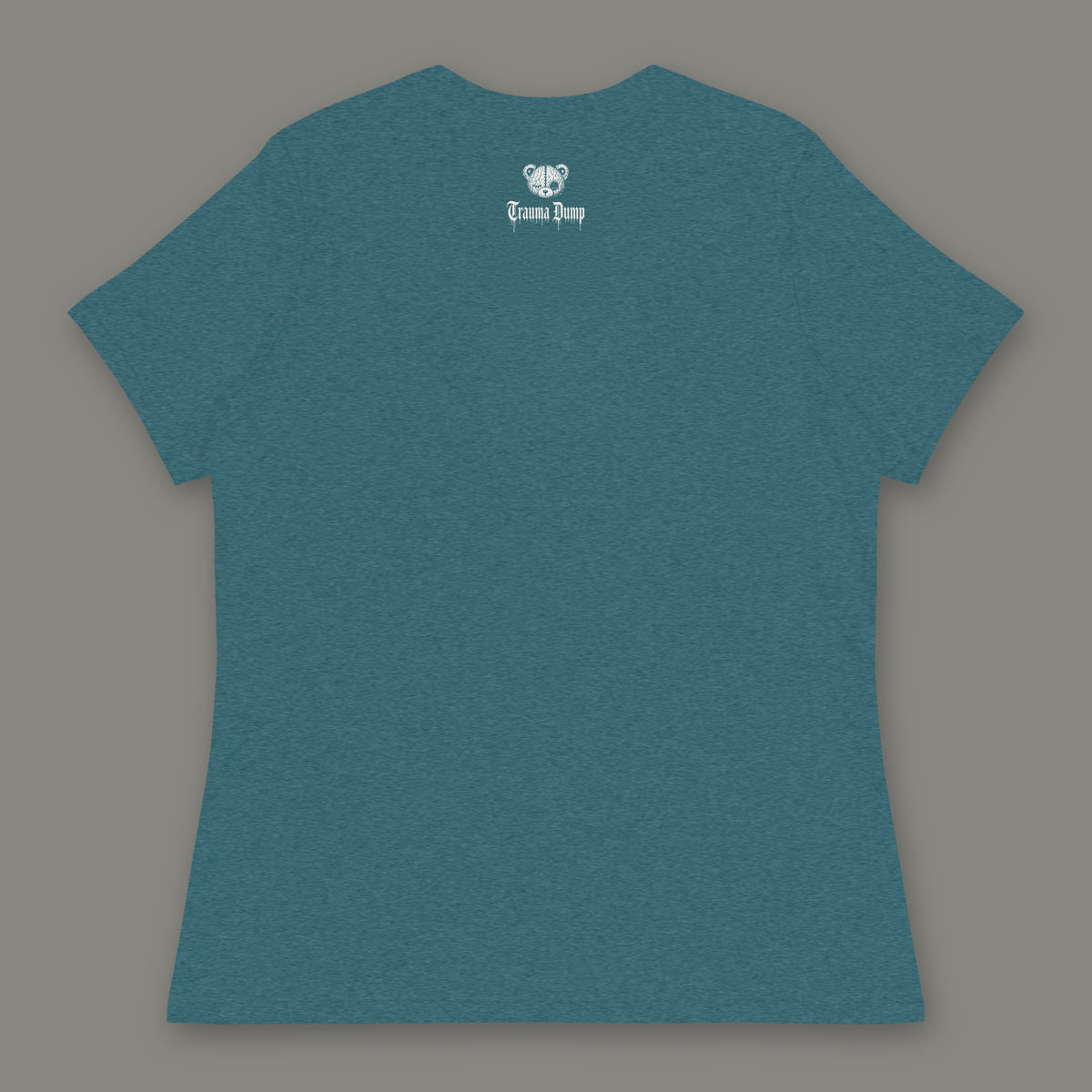 Inner Child Women's Relaxed Tee back, Trauma Dump bear-head logo under the collar (Heather Deep Teal, white ink)