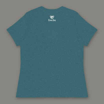Inner Child Women's Relaxed Tee back, Trauma Dump bear-head logo under the collar (Heather Deep Teal, white ink)