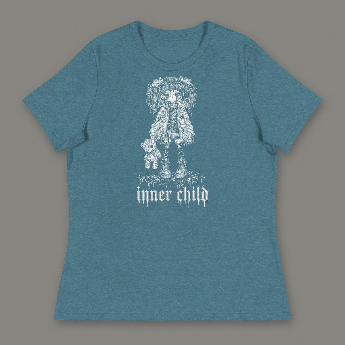Inner Child Women's Relaxed Tee in heather deep teal by Trauma Dump, little girl with teddy bear tattoo-style gothic graphic in white ink (Heather Deep Teal, white ink)