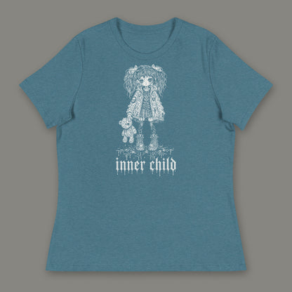 Inner Child Women's Relaxed Tee in heather deep teal by Trauma Dump, little girl with teddy bear tattoo-style gothic graphic in white ink (Heather Deep Teal, white ink)
