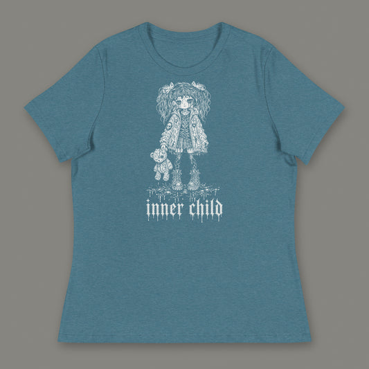 Inner Child Women's Relaxed Tee in heather deep teal by Trauma Dump, little girl with teddy bear tattoo-style gothic graphic in white ink (Heather Deep Teal, white ink)
