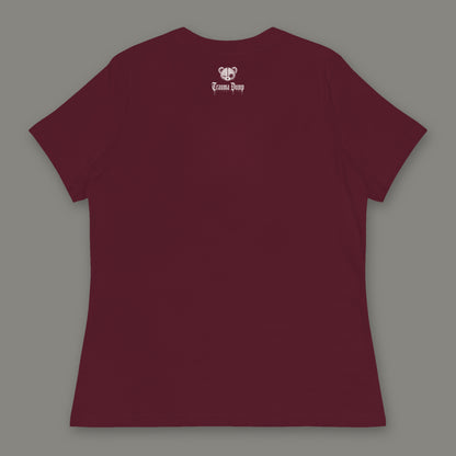 Inner Child Women's Relaxed Tee back, Trauma Dump bear-head logo under the collar (Maroon, white ink)