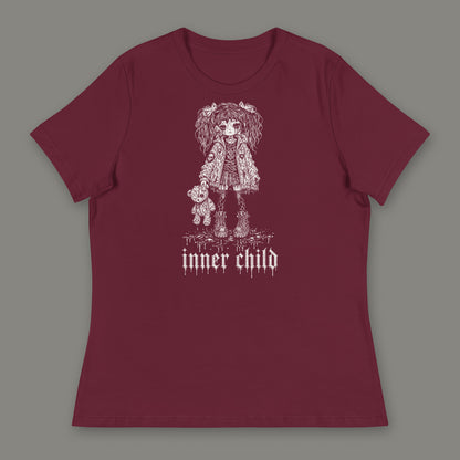 Inner Child Women's Relaxed Tee in maroon by Trauma Dump, little girl with teddy bear tattoo-style gothic graphic in white ink (Maroon, white ink)