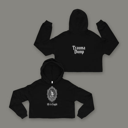Life is Fragile Cropped Hoodie in black by Trauma Dump, cracked-mirror tattoo-style gothic graphic