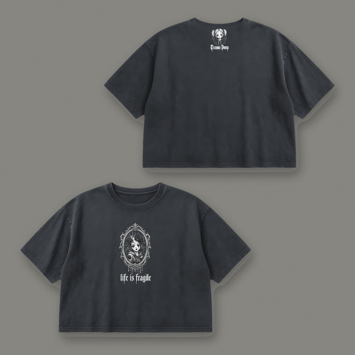 Life is Fragile Cropped Baby Tee in black, front and back view