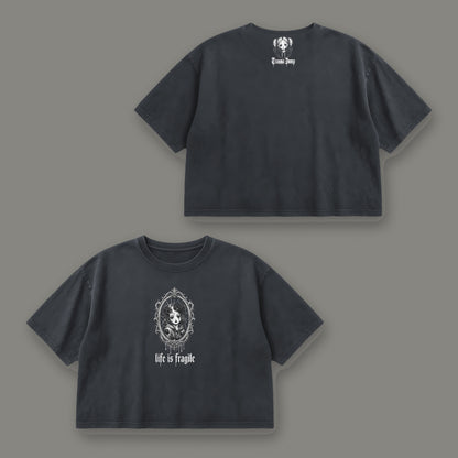 Life is Fragile Cropped Baby Tee in black, front and back view