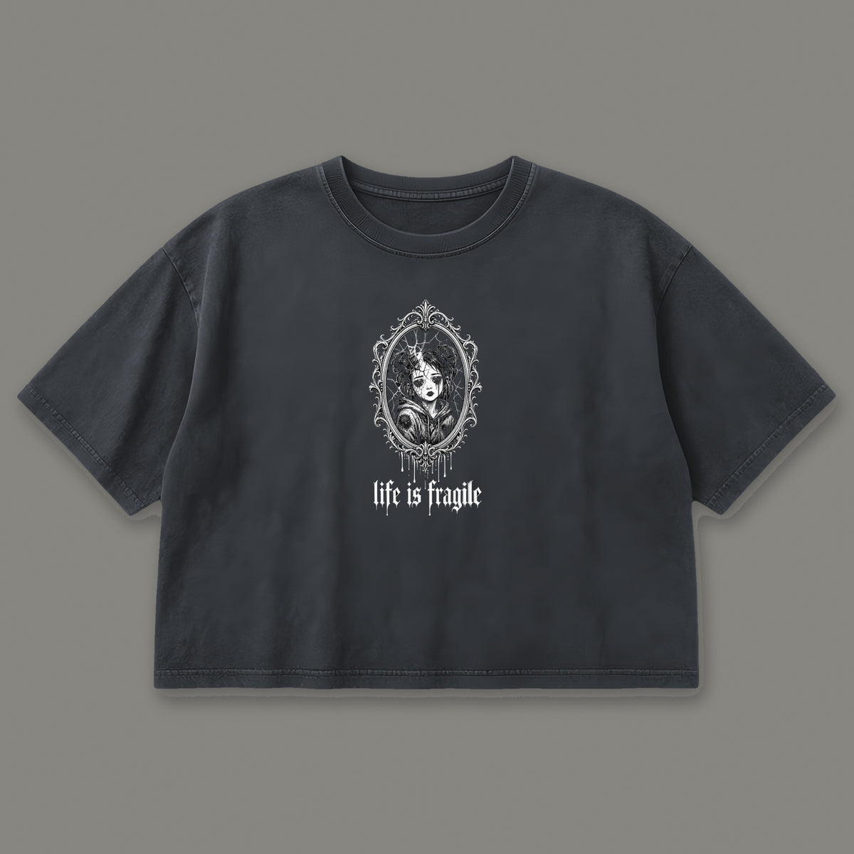 Life is Fragile Cropped Baby Tee in black, front view