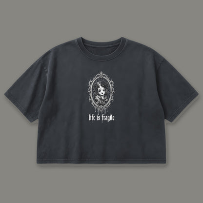 Life is Fragile Cropped Baby Tee in black, front view