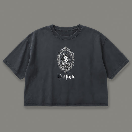 Life is Fragile Cropped Baby Tee in black, front view