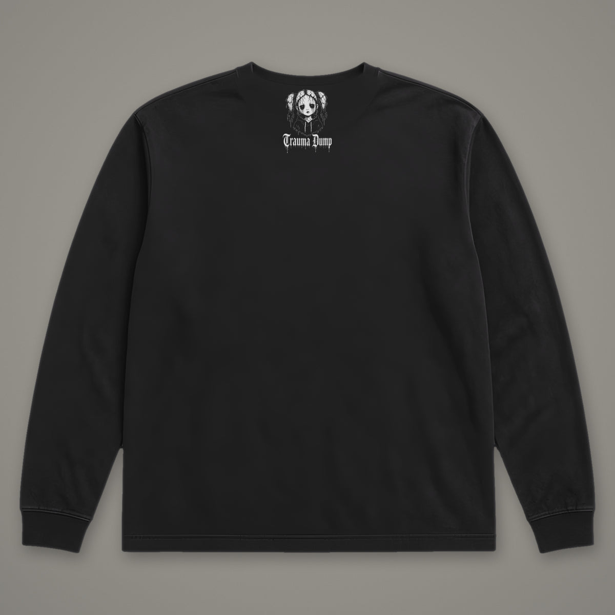 Life is Fragile Long Sleeve Tee in black, back view with doll portrait logo under the collar