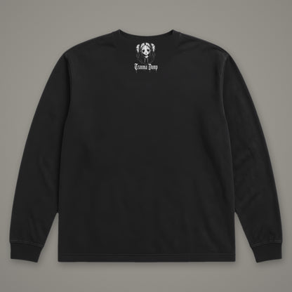 Life is Fragile Long Sleeve Tee in black, back view with doll portrait logo under the collar