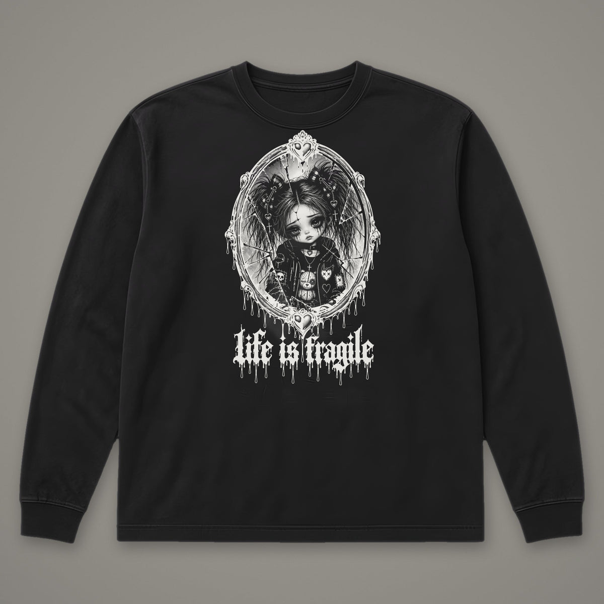 Life is Fragile Long Sleeve Tee in black, front view (Black, white ink)