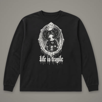 Life is Fragile Long Sleeve Tee in black, front view (Black, white ink)