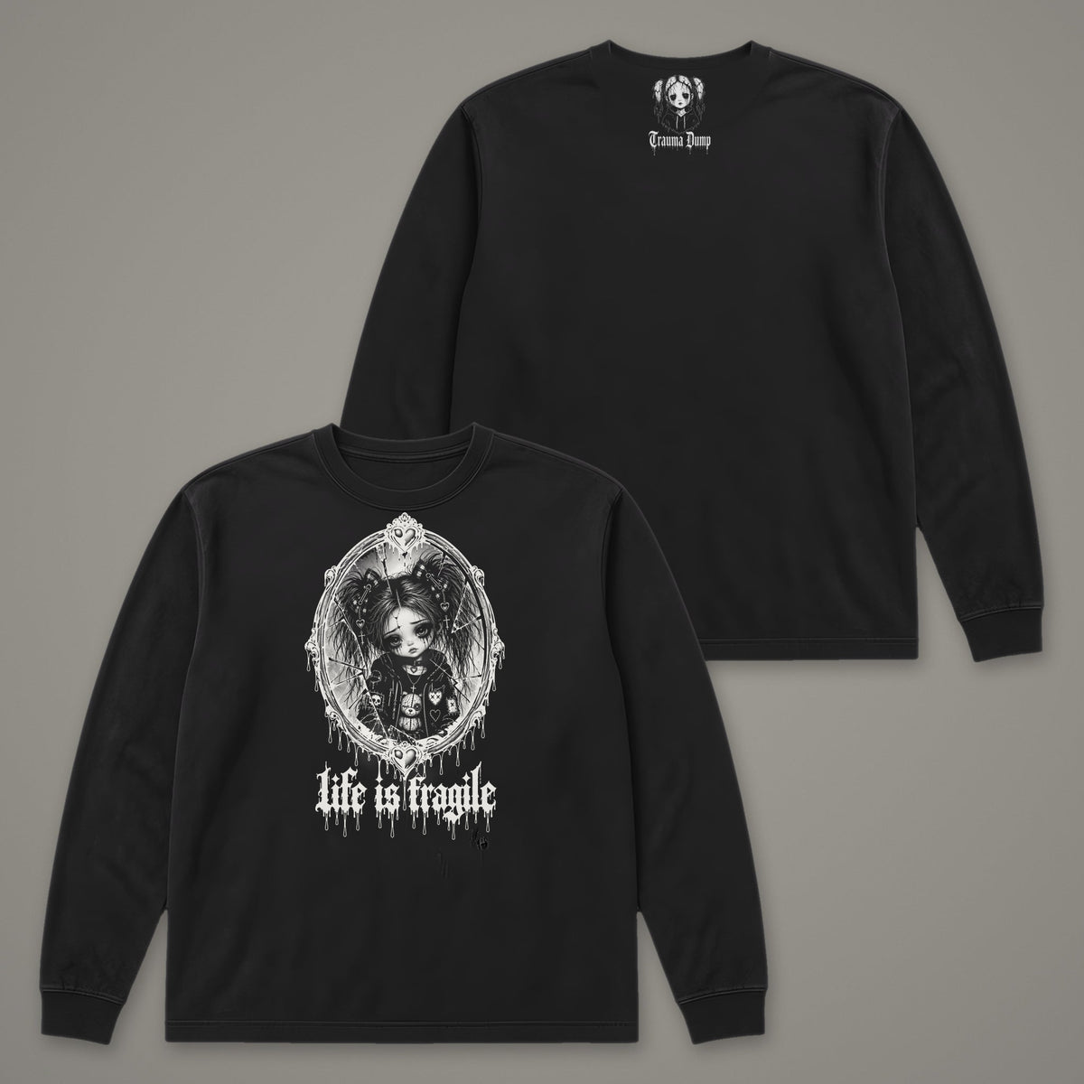 Life is Fragile Long Sleeve Tee in black, front and back view