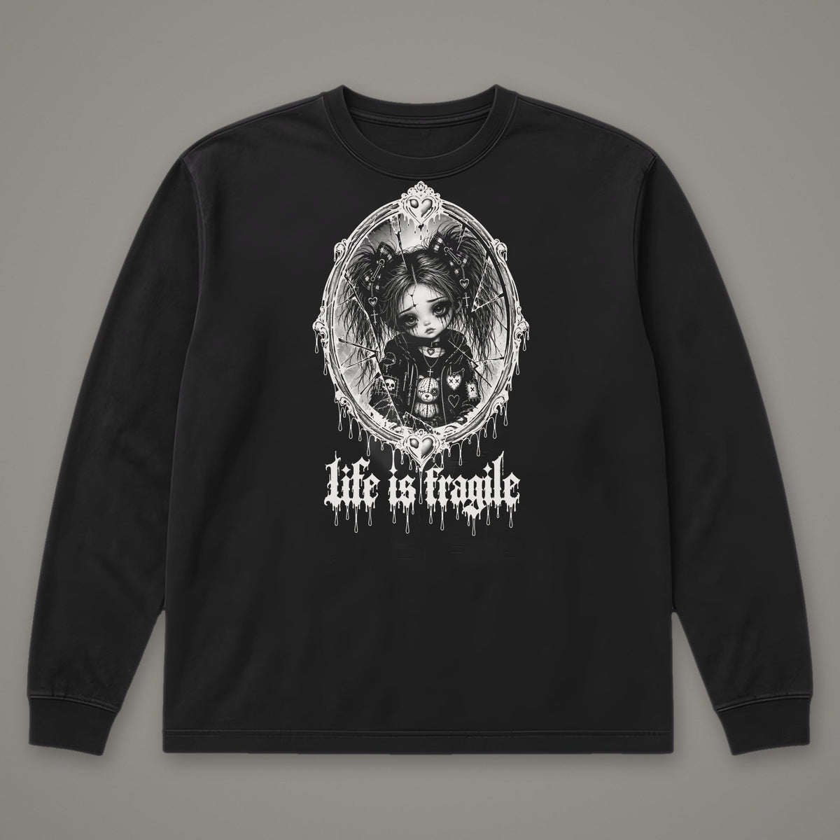 Life is Fragile Long Sleeve Tee in black, front view