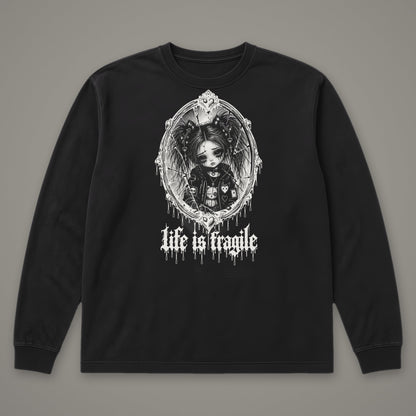 Life is Fragile Long Sleeve Tee in black, front view