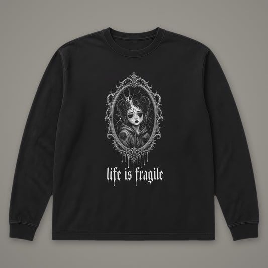 Life is Fragile Long Sleeve Tee in black, front view