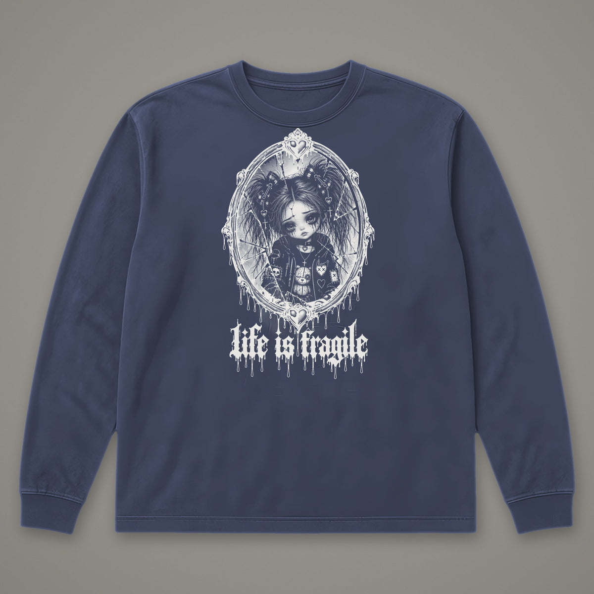 Life is Fragile Long Sleeve Tee in navy, front view (Navy, white ink)