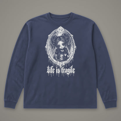 Life is Fragile Long Sleeve Tee in navy, front view (Navy, white ink)