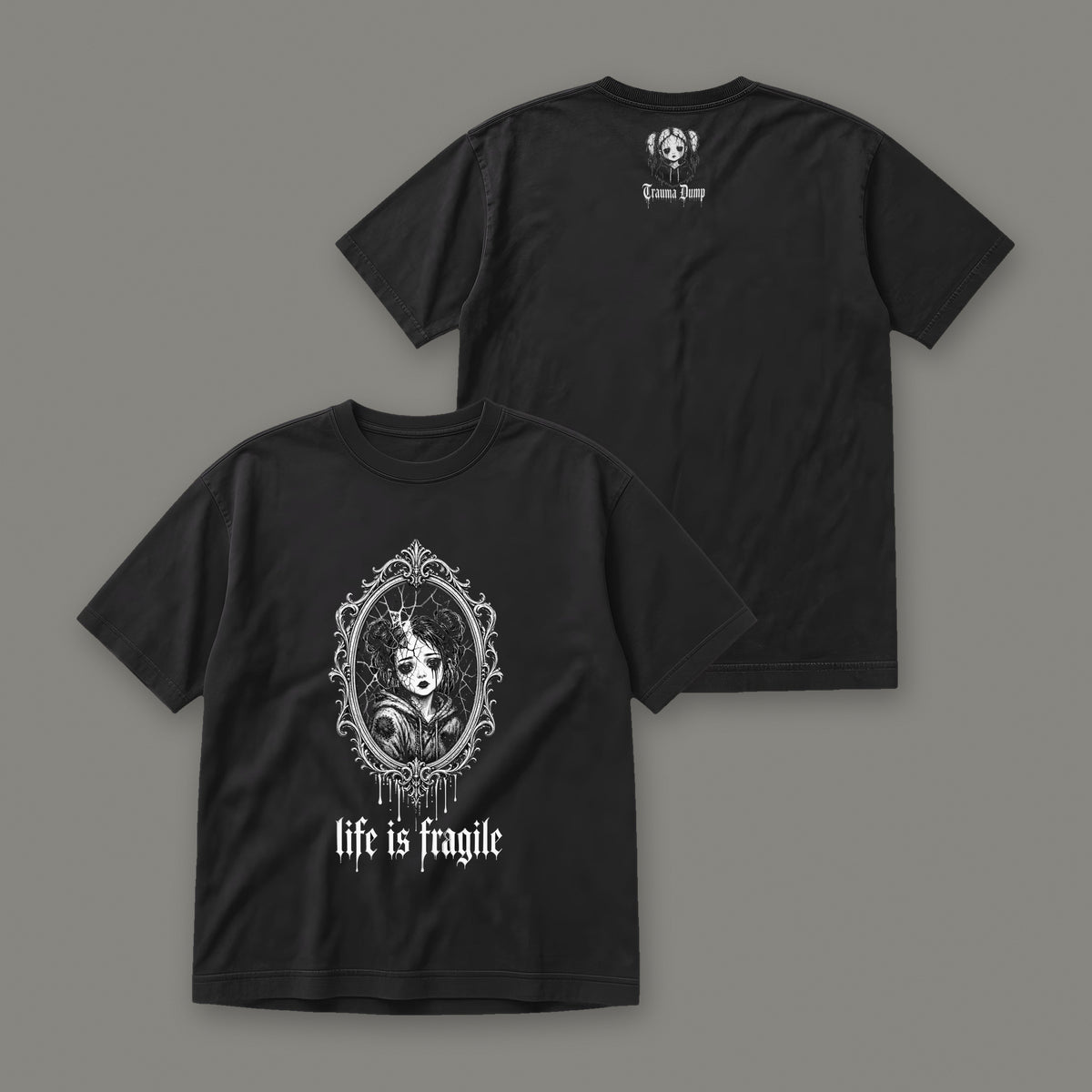 Life is Fragile Men's Heavyweight Tee by Trauma Dump, front and back view of black goth tee (Black, white ink)