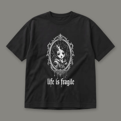 Life is Fragile Men's Heavyweight Tee in black by Trauma Dump, cracked mirror tattoo-style gothic graphic (Black, white ink)