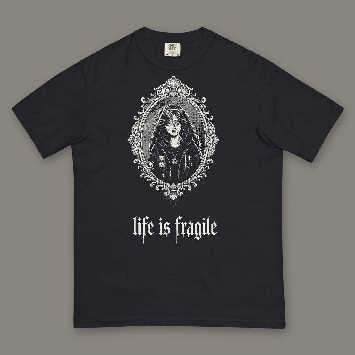 Life is Fragile Men's Heavyweight Tee in black by Trauma Dump, cracked mirror tattoo-style gothic graphic in white ink (Black, white ink)