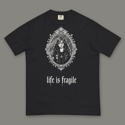 Life is Fragile Men's Heavyweight Tee in black by Trauma Dump, cracked mirror tattoo-style gothic graphic in white ink (Black, white ink)
