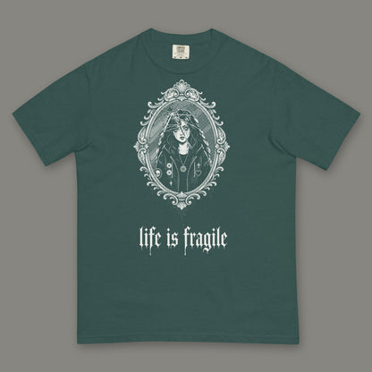 Life is Fragile Men's Heavyweight Tee in blue spruce by Trauma Dump, cracked mirror tattoo-style gothic graphic in white ink (Blue Spruce, white ink)