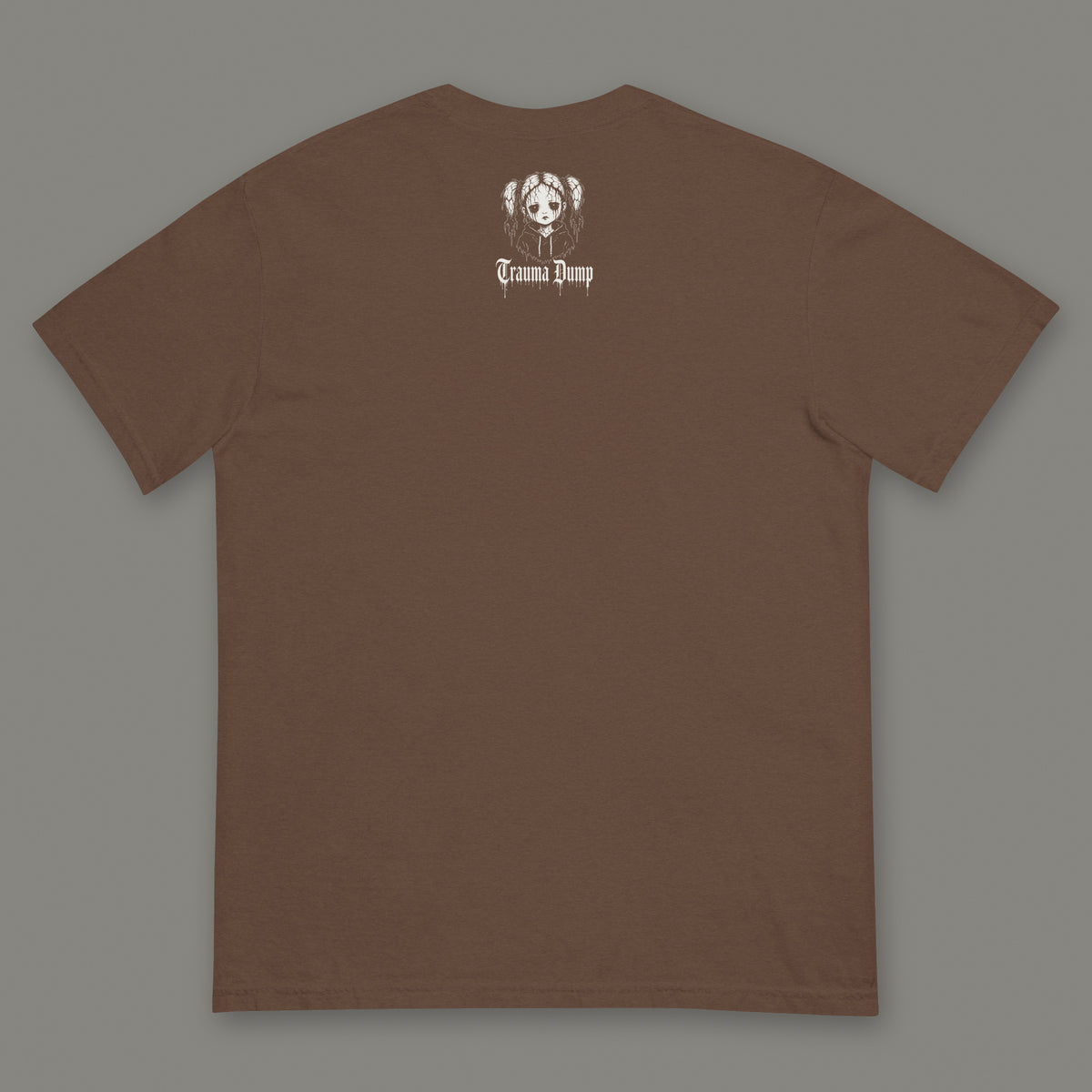 Life is Fragile Men's Heavyweight Tee in espresso by Trauma Dump, men's heavyweight tee goth tee back view with TD doll logo under the collar in white ink (Espresso, White ink)