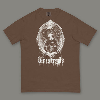 Life is Fragile Men's Heavyweight Tee in espresso by Trauma Dump, cracked mirror tattoo-style gothic graphic in white ink (Espresso, white ink)
