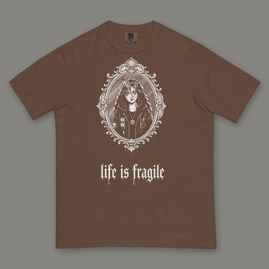 Life is Fragile Men's Heavyweight Tee in espresso by Trauma Dump, cracked mirror tattoo-style gothic graphic in white ink (Espresso, white ink)