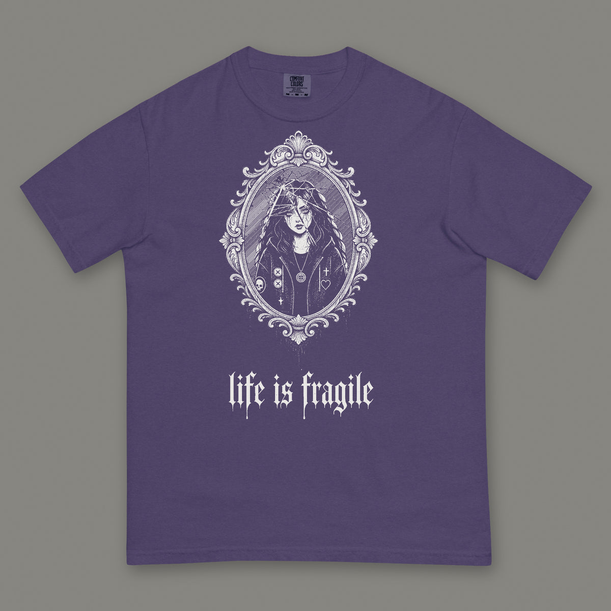 Life is Fragile Men's Heavyweight Tee in grape by Trauma Dump, cracked mirror tattoo-style gothic graphic in white ink (Grape, white ink)