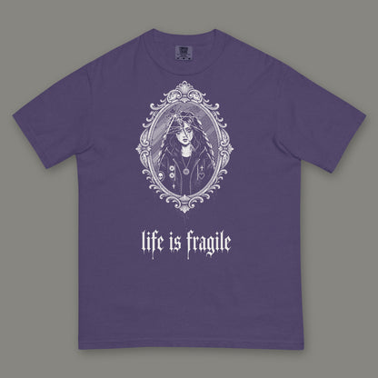 Life is Fragile Men's Heavyweight Tee in grape by Trauma Dump, cracked mirror tattoo-style gothic graphic in white ink (Grape, white ink)