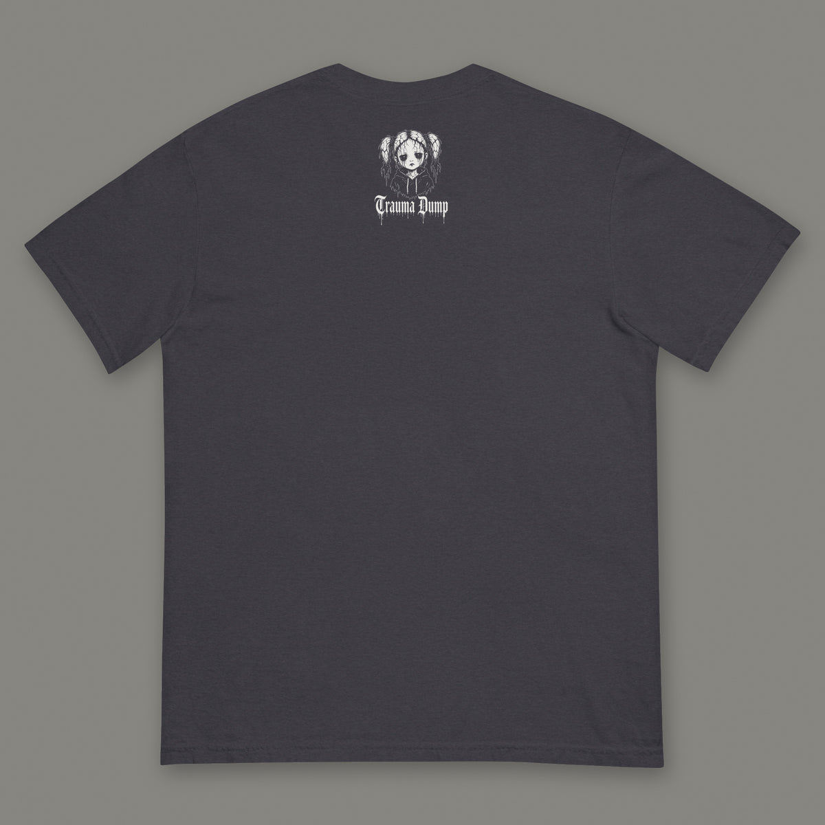 Life is Fragile Men's Heavyweight Tee in graphite by Trauma Dump, men's heavyweight tee goth tee back view with TD doll logo under the collar in white ink (Graphite, White ink)