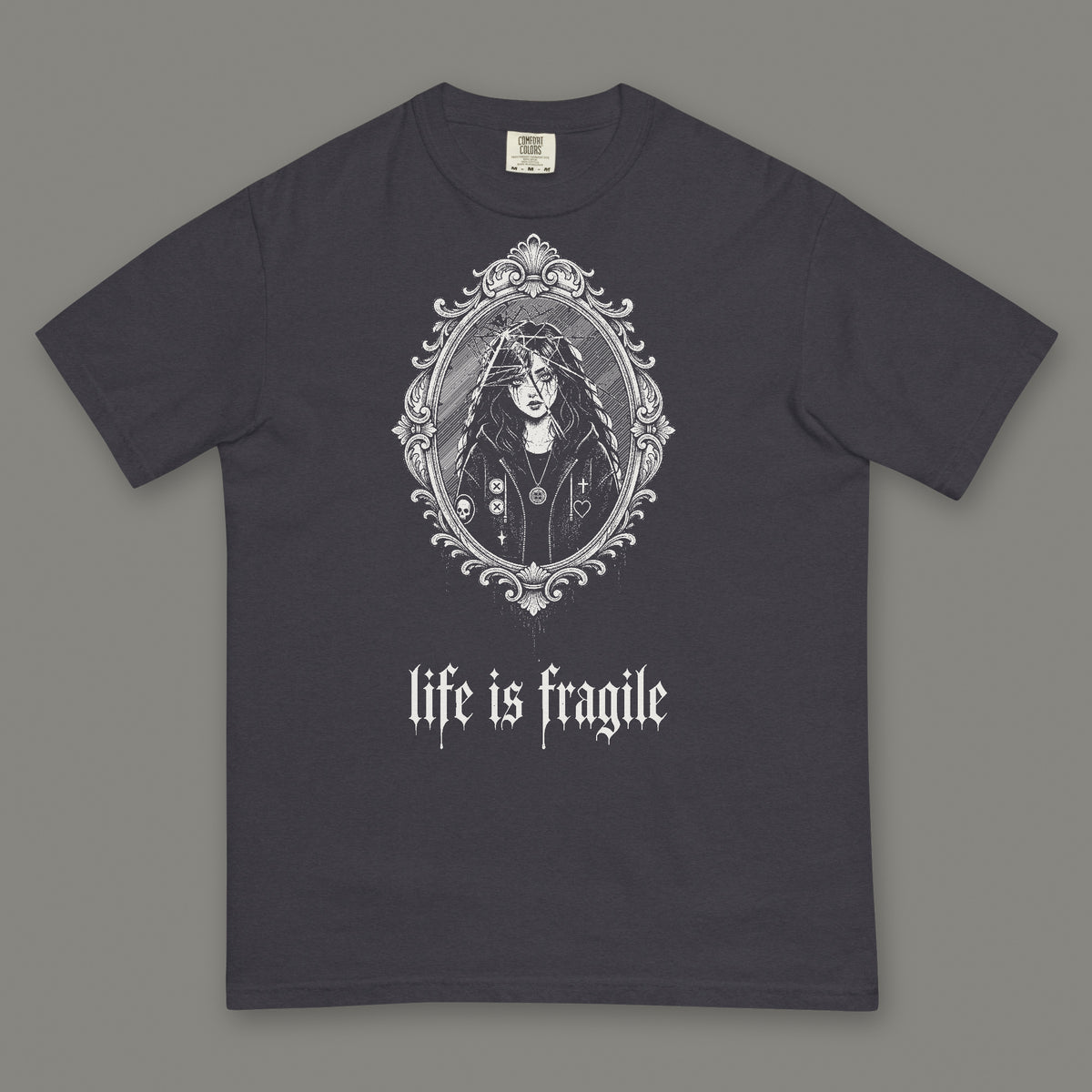 Life is Fragile Men's Heavyweight Tee in graphite by Trauma Dump, cracked mirror tattoo-style gothic graphic in white ink (Graphite, white ink)