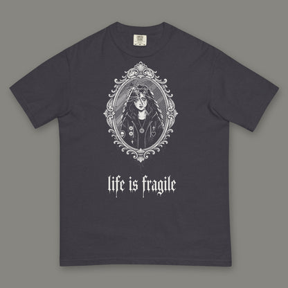 Life is Fragile Men's Heavyweight Tee in graphite by Trauma Dump, cracked mirror tattoo-style gothic graphic in white ink (Graphite, white ink)
