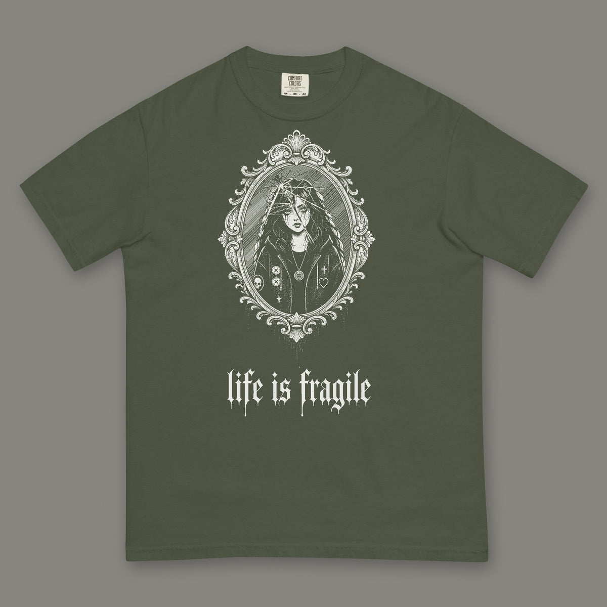 Life is Fragile Men's Heavyweight Tee in moss by Trauma Dump, cracked mirror tattoo-style gothic graphic in white ink (Moss, white ink)
