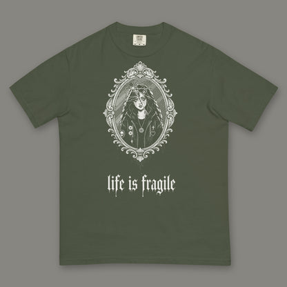 Life is Fragile Men's Heavyweight Tee in moss by Trauma Dump, cracked mirror tattoo-style gothic graphic in white ink (Moss, white ink)