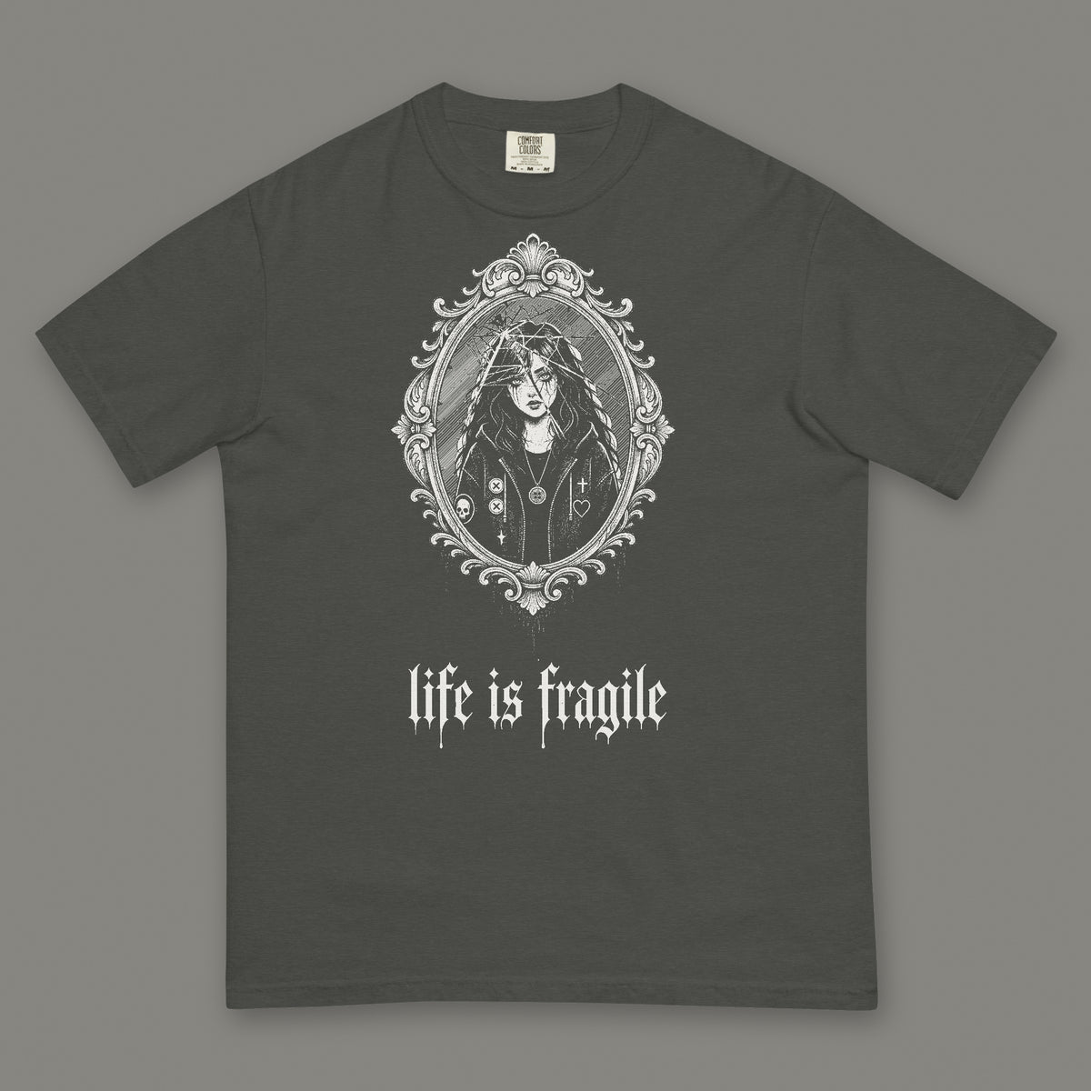Life is Fragile Men's Heavyweight Tee in pepper by Trauma Dump, cracked mirror tattoo-style gothic graphic in white ink (Pepper, white ink)