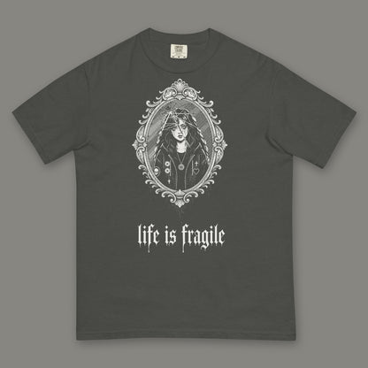 Life is Fragile Men's Heavyweight Tee in pepper by Trauma Dump, cracked mirror tattoo-style gothic graphic in white ink (Pepper, white ink)