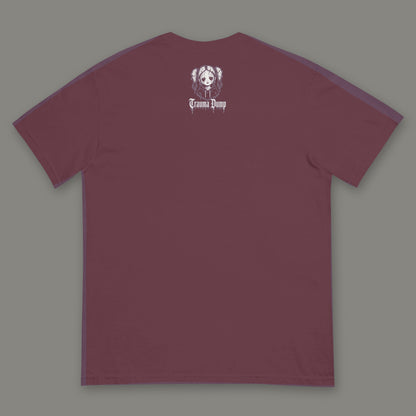 Life is Fragile Men's Heavyweight Tee in wine by Trauma Dump, men's heavyweight tee goth tee back view with TD doll logo under the collar in white ink (Wine, White ink)