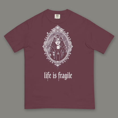 Life is Fragile Men's Heavyweight Tee in wine by Trauma Dump, cracked mirror tattoo-style gothic graphic in white ink (Wine, white ink)