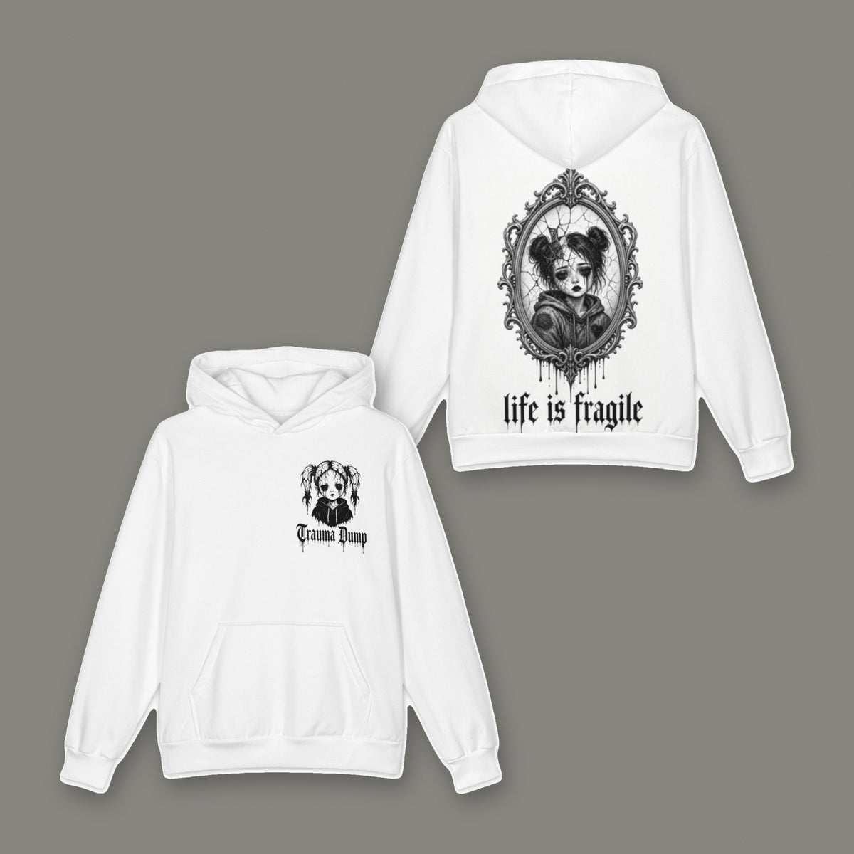 Life is Fragile Oversized Cotton Hoodie in white by Trauma Dump, cracked-mirror tattoo-style gothic graphic