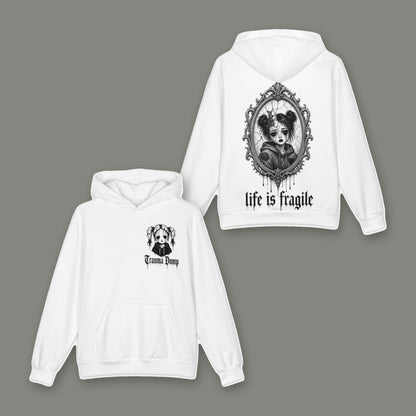 Life is Fragile Oversized Cotton Hoodie in white by Trauma Dump, cracked-mirror tattoo-style gothic graphic