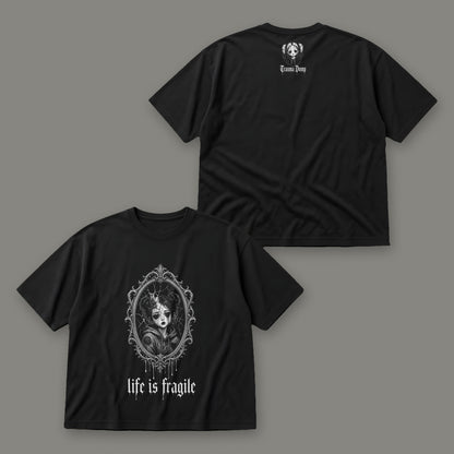 Life is Fragile Men's Oversized Tee by Trauma Dump, front and back view of black goth tee