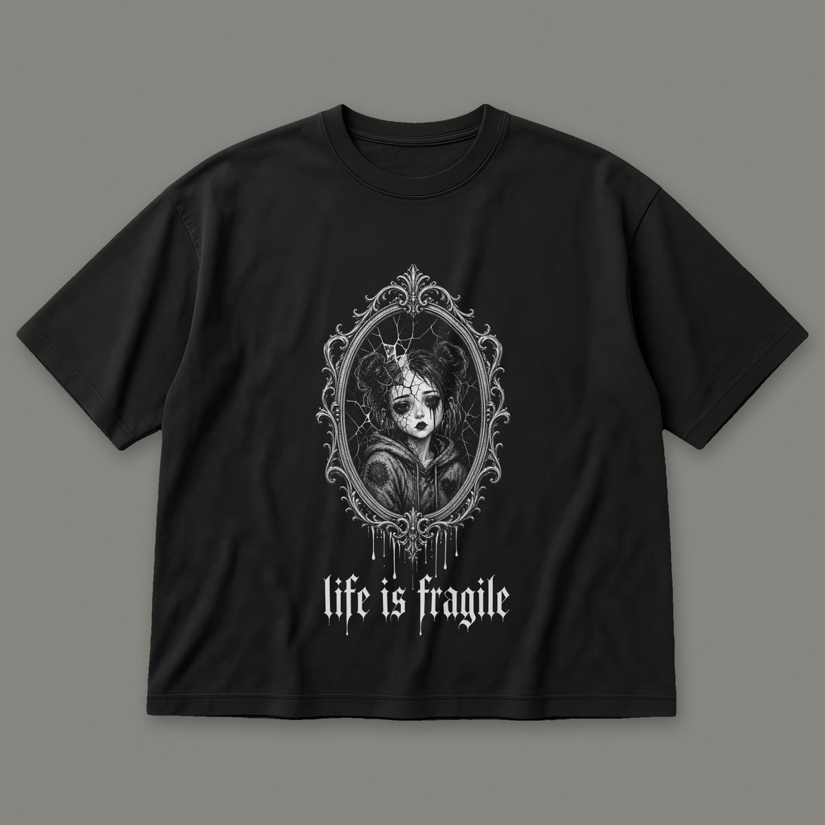 Life is Fragile Men's Oversized Tee in black by Trauma Dump, cracked mirror tattoo-style gothic graphic