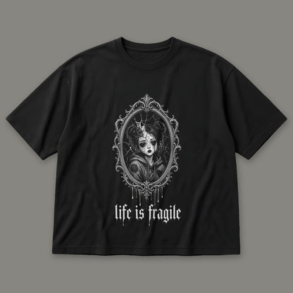 Life is Fragile Men's Oversized Tee in black by Trauma Dump, cracked mirror tattoo-style gothic graphic